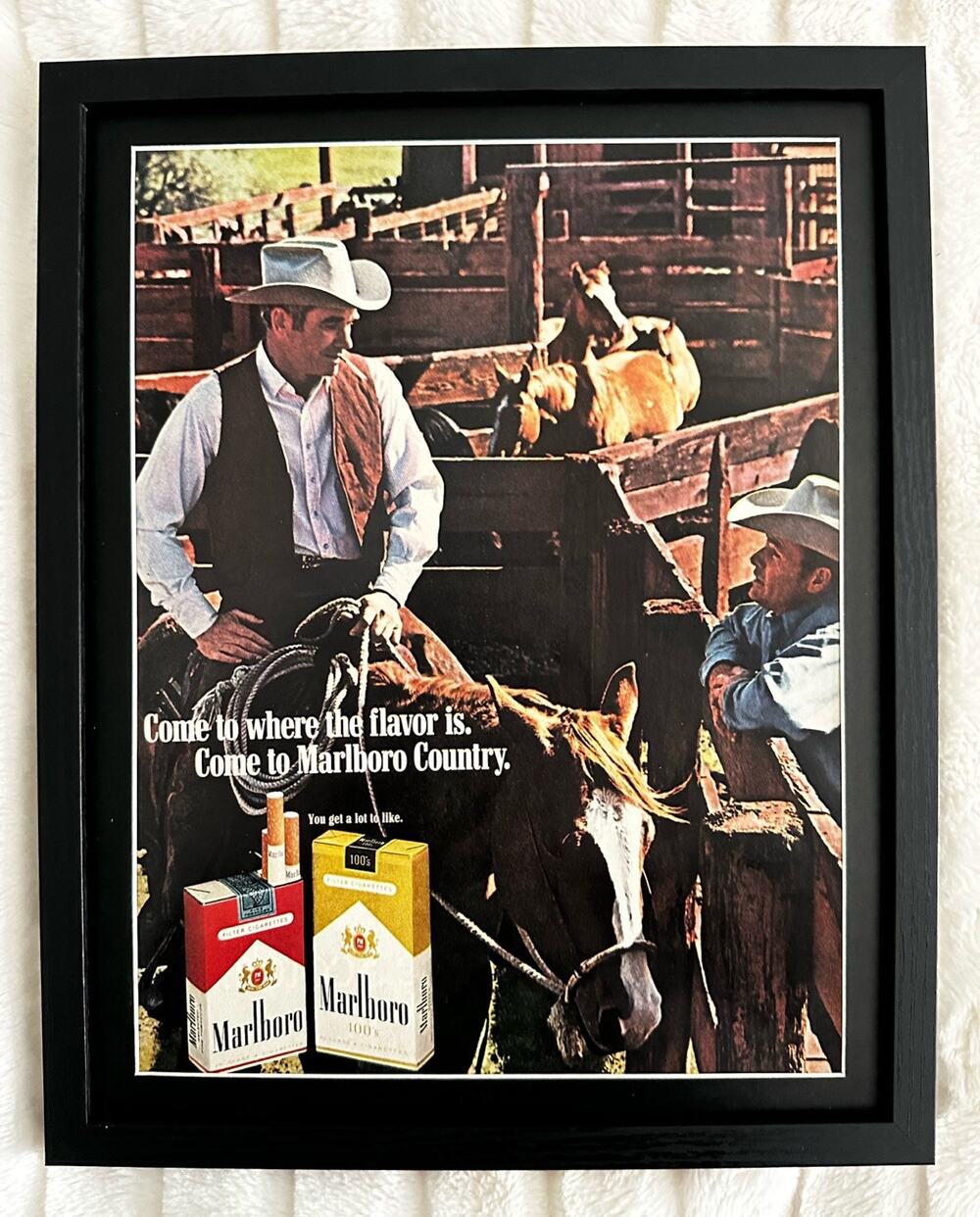 Framed 1969 MARLBORO Genuine Vintage Print Ad Horses Smoking Cowboys